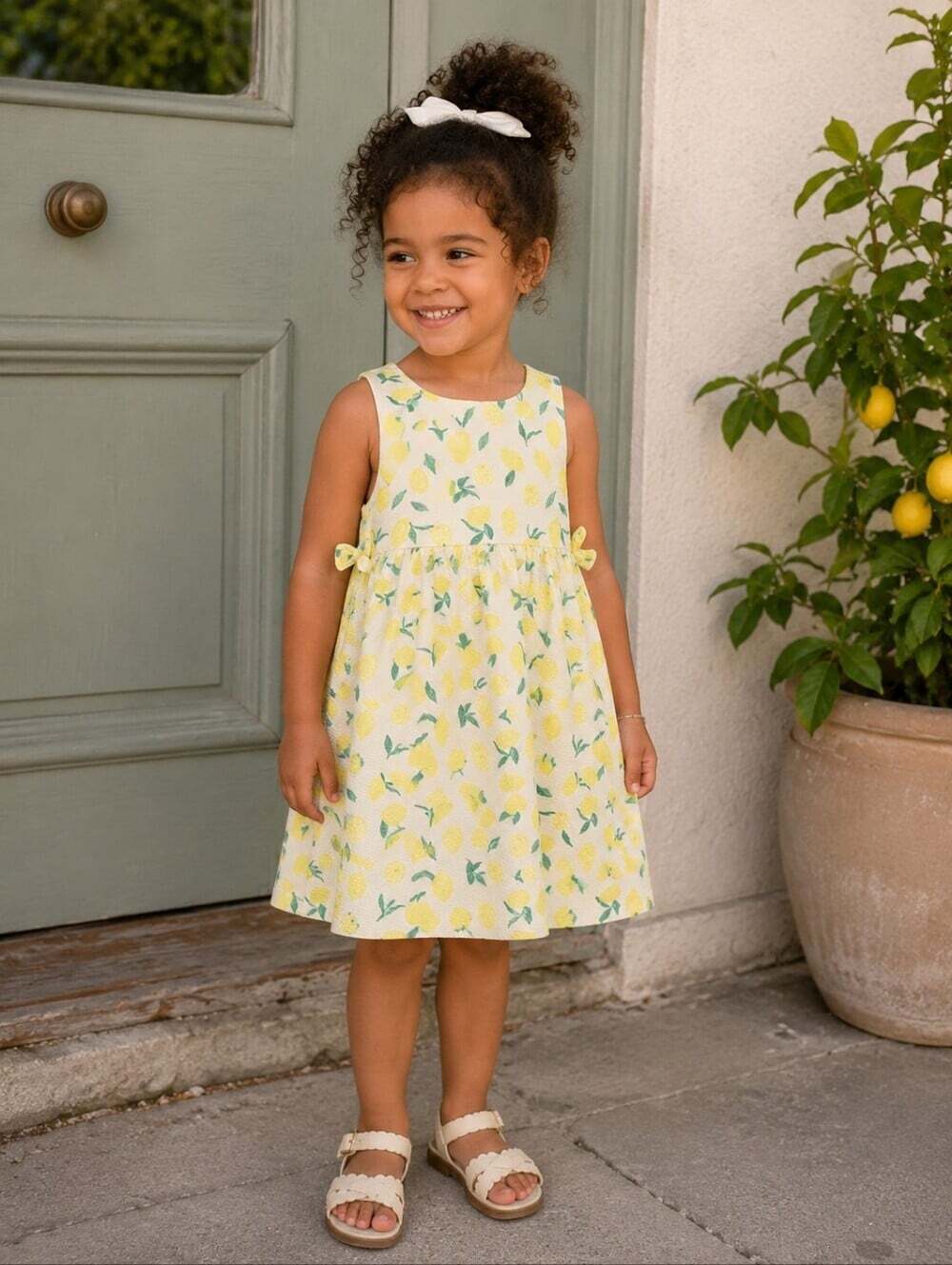 Zara Girls Lemon Print Dress Size 4-5 Yellow Textured Summer Sundress